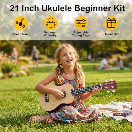 Gugxiom 21 Inch Ukulele Beginner Kit, Christmas Birthday Holiday Gift（Wood）