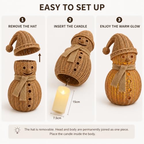 Handwoven Natural Rattan Snowman Figurine & Wicker Candle Holder (12in A)