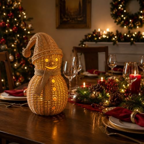 Handwoven Natural Rattan Snowman Figurine & Wicker Candle Holder (12in A)