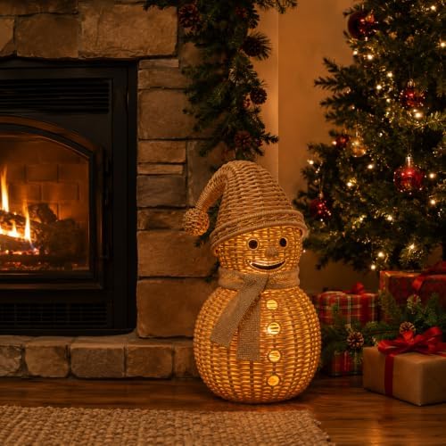 Handwoven Natural Rattan Snowman Figurine & Wicker Candle Holder (12in A)