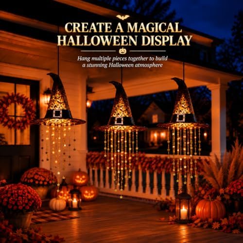 Hanging Witch Hats with Lights, Glowing Halloween Witch Hat with Cascading