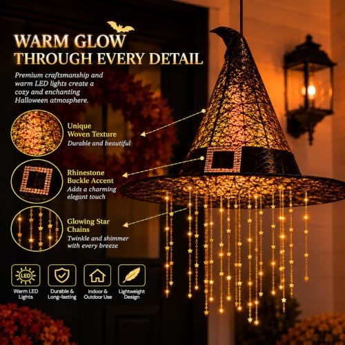 Hanging Witch Hats with Lights, Glowing Halloween Witch Hat with Cascading