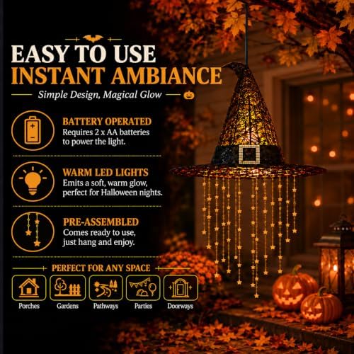 Hanging Witch Hats with Lights, Glowing Halloween Witch Hat with Cascading