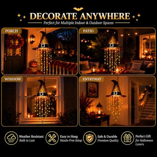 Hanging Witch Hats with Lights, Glowing Halloween Witch Hat with Cascading