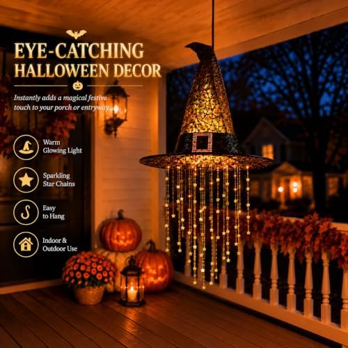 Hanging Witch Hats with Lights, Glowing Halloween Witch Hat with Cascading