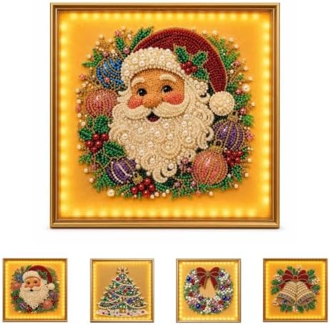 DIY Christmas Pearl Diamond Painting Art Kit with Frame & Light, Christmas Pearl Beads Art Craft for Adults Beginners, Gemstone Diamond Dots Beads Painting for Home Wall Decor (Santa, 12in)