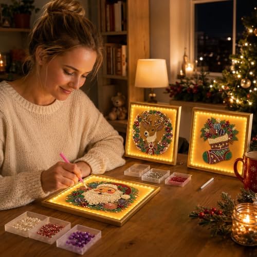 DIY Christmas Pearl Diamond Painting Art Kit with Frame & Light, Christmas Pearl Beads Art Craft for Adults Beginners, Gemstone Diamond Dots Beads Painting for Home Wall Decor (Santa, 12in)