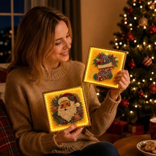DIY Christmas Pearl Diamond Painting Art Kit with Frame & Light, Christmas Pearl Beads Art Craft for Adults Beginners, Gemstone Diamond Dots Beads Painting for Home Wall Decor (Santa, 12in)