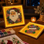 DIY Christmas Pearl Diamond Painting Art Kit with Frame & Light, Christmas Pearl Beads Art Craft for Adults Beginners, Gemstone Diamond Dots Beads Painting for Home Wall Decor (Santa, 12in)