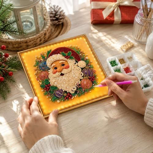 DIY Christmas Pearl Diamond Painting Art Kit with Frame & Light, Christmas Pearl Beads Art Craft for Adults Beginners, Gemstone Diamond Dots Beads Painting for Home Wall Decor (Santa, 12in)