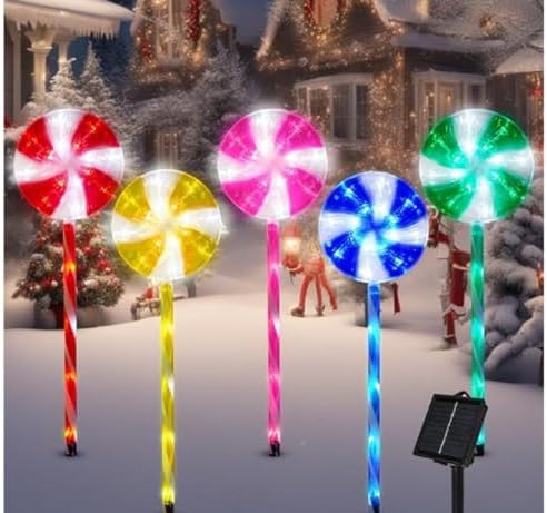 5 Pack Solar Lollipop Pathway Lights, Outdoor Christmas Stake Lights