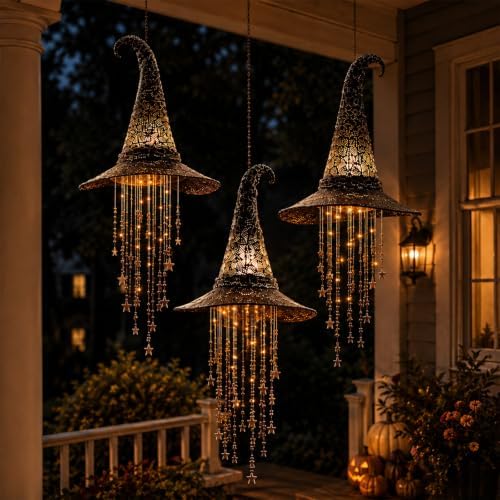 Lighted Witch Hat Hanging Chime, Halloween Hanging Witch Hats with Lights