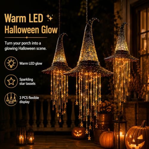Lighted Witch Hat Hanging Chime, Halloween Hanging Witch Hats with Lights