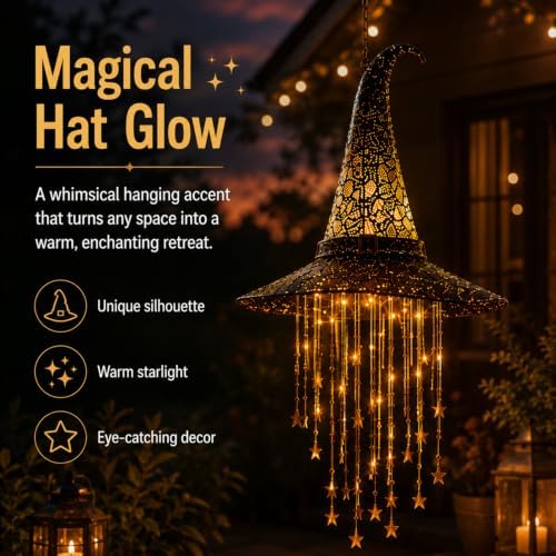 Lighted Witch Hat Hanging Chime, Halloween Hanging Witch Hats with Lights