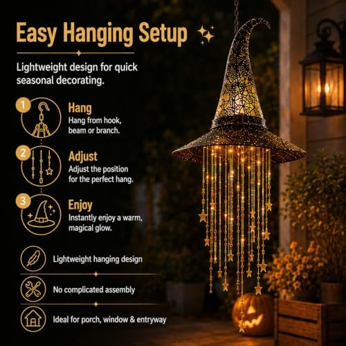Lighted Witch Hat Hanging Chime, Halloween Hanging Witch Hats with Lights