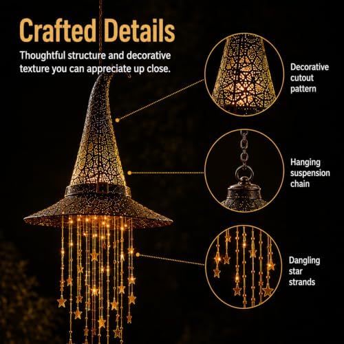 Lighted Witch Hat Hanging Chime, Halloween Hanging Witch Hats with Lights