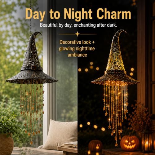 Lighted Witch Hat Hanging Chime, Halloween Hanging Witch Hats with Lights