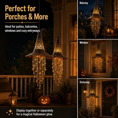 Lighted Witch Hat Hanging Chime, Halloween Hanging Witch Hats with Lights