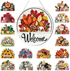 24Pcs Interchangeable Welcome Sign for Front Door, 12 Inch Magnetic Wood Hanging Decor with 16 Seasonal Icons, Rustic Farmhouse Door Sign for Every Season Housewarming Gift