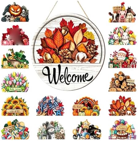 24Pcs Interchangeable Welcome Sign for Front Door, 12 Inch Magnetic Wood Hanging Decor with 16 Seasonal Icons, Rustic Farmhouse Door Sign for Every Season Housewarming Gift