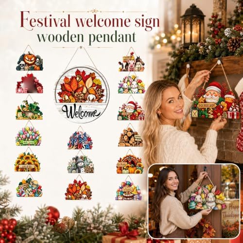 24Pcs Interchangeable Welcome Sign for Front Door, 12 Inch Magnetic Wood Hanging Decor with 16 Seasonal Icons, Rustic Farmhouse Door Sign for Every Season Housewarming Gift