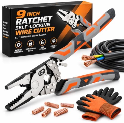 9" Ratchet Self-Locking Wire Cutter, Heavy-Duty Ratchet Lineman's Pliers
