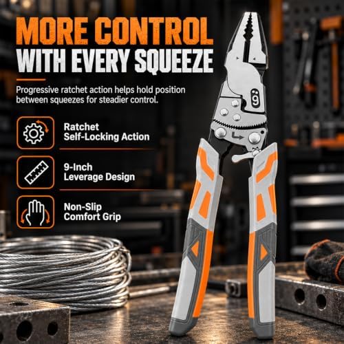 9" Ratchet Self-Locking Wire Cutter, Heavy-Duty Ratchet Lineman's Pliers
