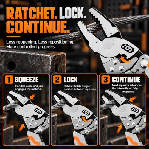 9" Ratchet Self-Locking Wire Cutter, Heavy-Duty Ratchet Lineman's Pliers