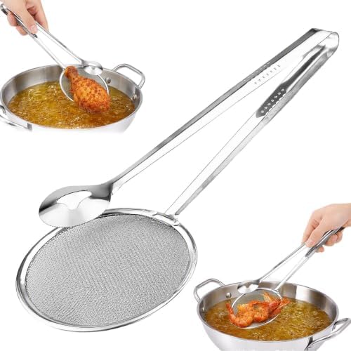 Stainless Steel Strainer Tongs, Food Lifting and Draining Utensil for Frying and Serving Meals in Home Kitchens