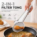 Stainless Steel Strainer Tongs, Food Lifting and Draining Utensil for Frying and Serving Meals in Home Kitchens