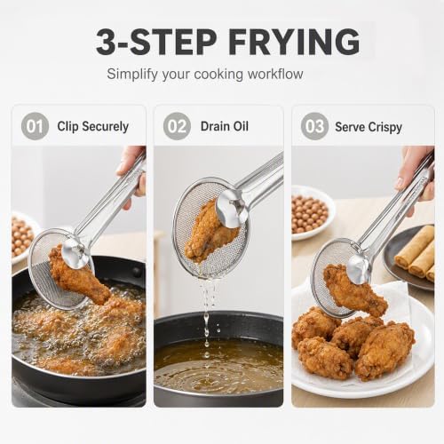 Stainless Steel Strainer Tongs, Food Lifting and Draining Utensil for Frying and Serving Meals in Home Kitchens