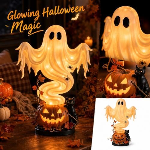 Swirling Ghost Figurine, Light-Up Ghost Pumpkin Halloween Tabletop Decor