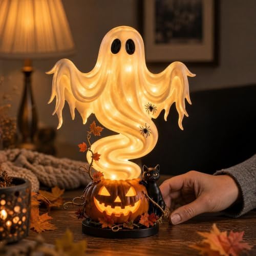 Swirling Ghost Figurine, Light-Up Ghost Pumpkin Halloween Tabletop Decor