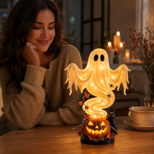 Swirling Ghost Figurine, Light-Up Ghost Pumpkin Halloween Tabletop Decor