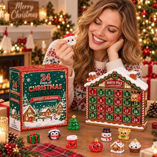 Christmas Squishies Advent Calendar 24 Days, Cute Squishy Slow Rising Stress Relief Toys, Unique Desktop Christmas Decorations & Ornaments for Home, Office, Winter Countdown Gift Mystery Box