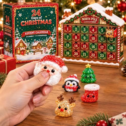 Christmas Squishies Advent Calendar 24 Days, Cute Squishy Slow Rising Stress Relief Toys, Unique Desktop Christmas Decorations & Ornaments for Home, Office, Winter Countdown Gift Mystery Box