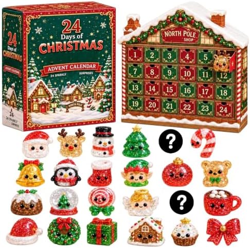 Christmas Squishies Advent Calendar 24 Days, Cute Squishy Slow Rising Stress Relief Toys, Unique Desktop Christmas Decorations & Ornaments for Home, Office, Winter Countdown Gift Mystery Box