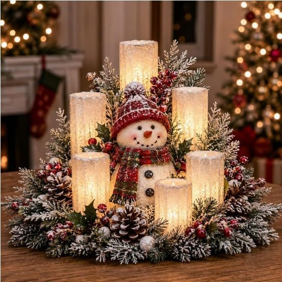 Christmas Lighted Centerpiece with Flameless Candle Glow (Snowman)