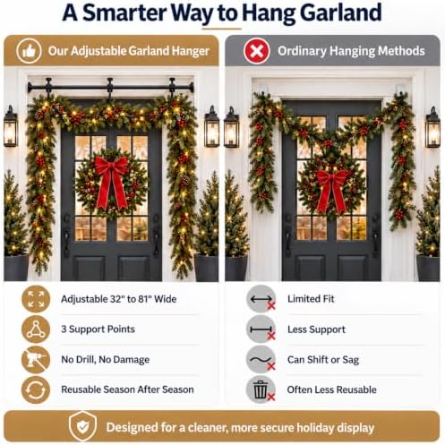 Garland Hanger for Front Door, Adjustable No Hardware Garland Hanger