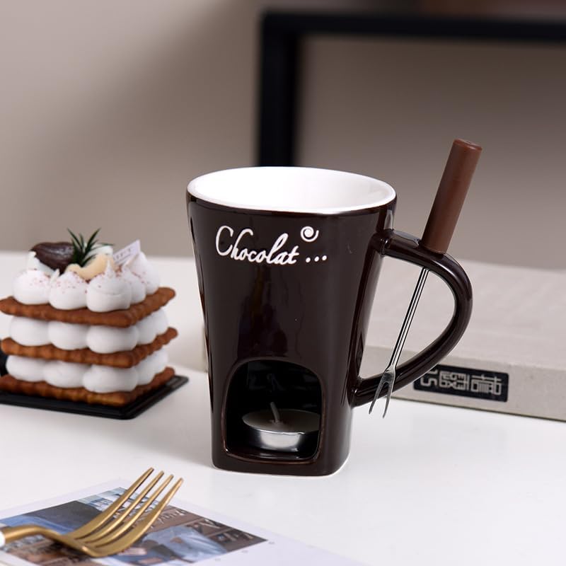 Chocolate Melting Mug with Fork, Ceramic Fondue Cup