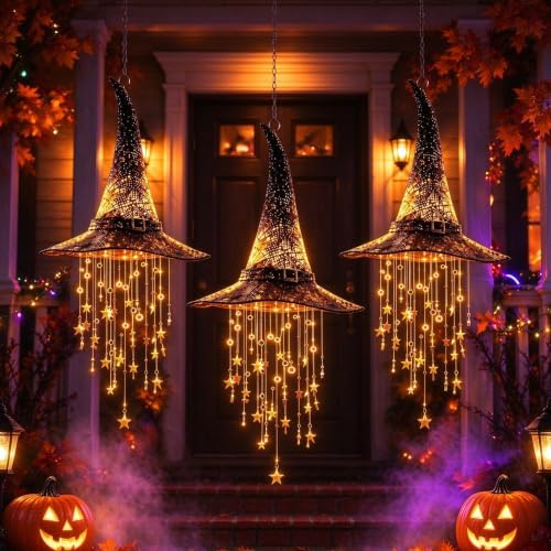 2027 Upgraded Lighted Witch Hat Hanging Chime Halloween - Hat Lamp Stars, Hanging Witch Hats with Lights, Mesh Lamp with Cascading Stars，3pc