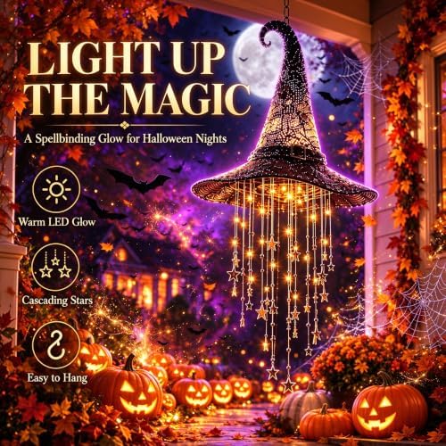 2027 Upgraded Lighted Witch Hat Hanging Chime Halloween - Hat Lamp Stars, Hanging Witch Hats with Lights, Mesh Lamp with Cascading Stars，3pc