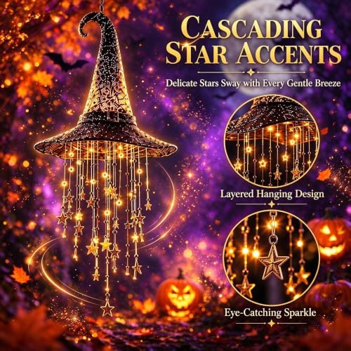 2027 Upgraded Lighted Witch Hat Hanging Chime Halloween - Hat Lamp Stars, Hanging Witch Hats with Lights, Mesh Lamp with Cascading Stars，3pc