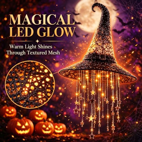 2027 Upgraded Lighted Witch Hat Hanging Chime Halloween - Hat Lamp Stars, Hanging Witch Hats with Lights, Mesh Lamp with Cascading Stars，3pc