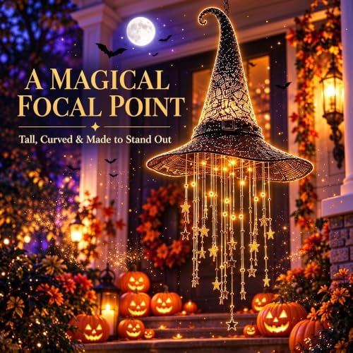 2027 Upgraded Lighted Witch Hat Hanging Chime Halloween - Hat Lamp Stars, Hanging Witch Hats with Lights, Mesh Lamp with Cascading Stars，3pc