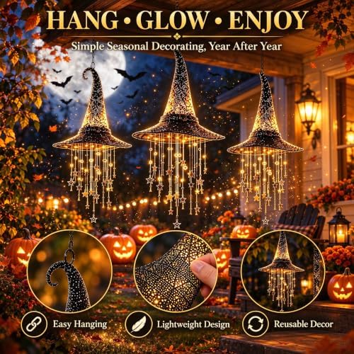 2027 Upgraded Lighted Witch Hat Hanging Chime Halloween - Hat Lamp Stars, Hanging Witch Hats with Lights, Mesh Lamp with Cascading Stars，3pc