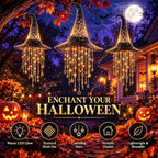 2027 Upgraded Lighted Witch Hat Hanging Chime Halloween - Hat Lamp Stars, Hanging Witch Hats with Lights, Mesh Lamp with Cascading Stars，3pc