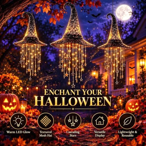 2027 Upgraded Lighted Witch Hat Hanging Chime Halloween - Hat Lamp Stars, Hanging Witch Hats with Lights, Mesh Lamp with Cascading Stars，3pc