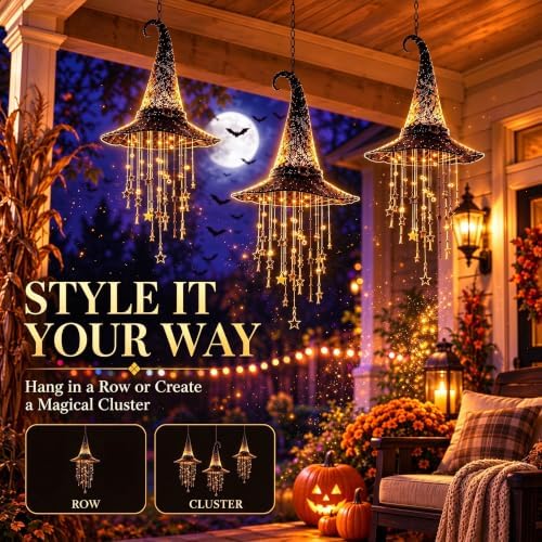 2027 Upgraded Lighted Witch Hat Hanging Chime Halloween - Hat Lamp Stars, Hanging Witch Hats with Lights, Mesh Lamp with Cascading Stars，3pc