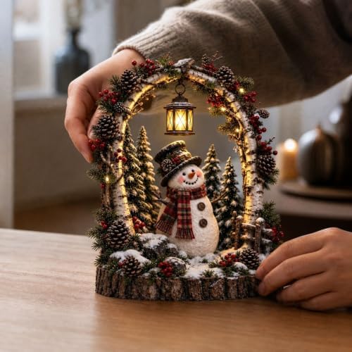 Woodland Snowman Lantern Christmas Lighted Lantern with Glow Winter Decor